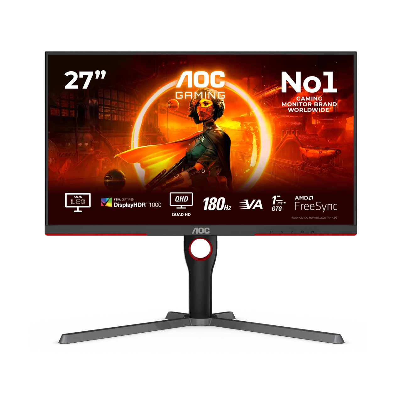AOC Q27G3XMN 27-inch gaming monitor seen from the front on its stand, showing a red-lit sci-fi artwork of a masked woman with a pistol and the spec badges Mini LED, QHD, 180Hz, VA, 1ms GTG and FreeSync