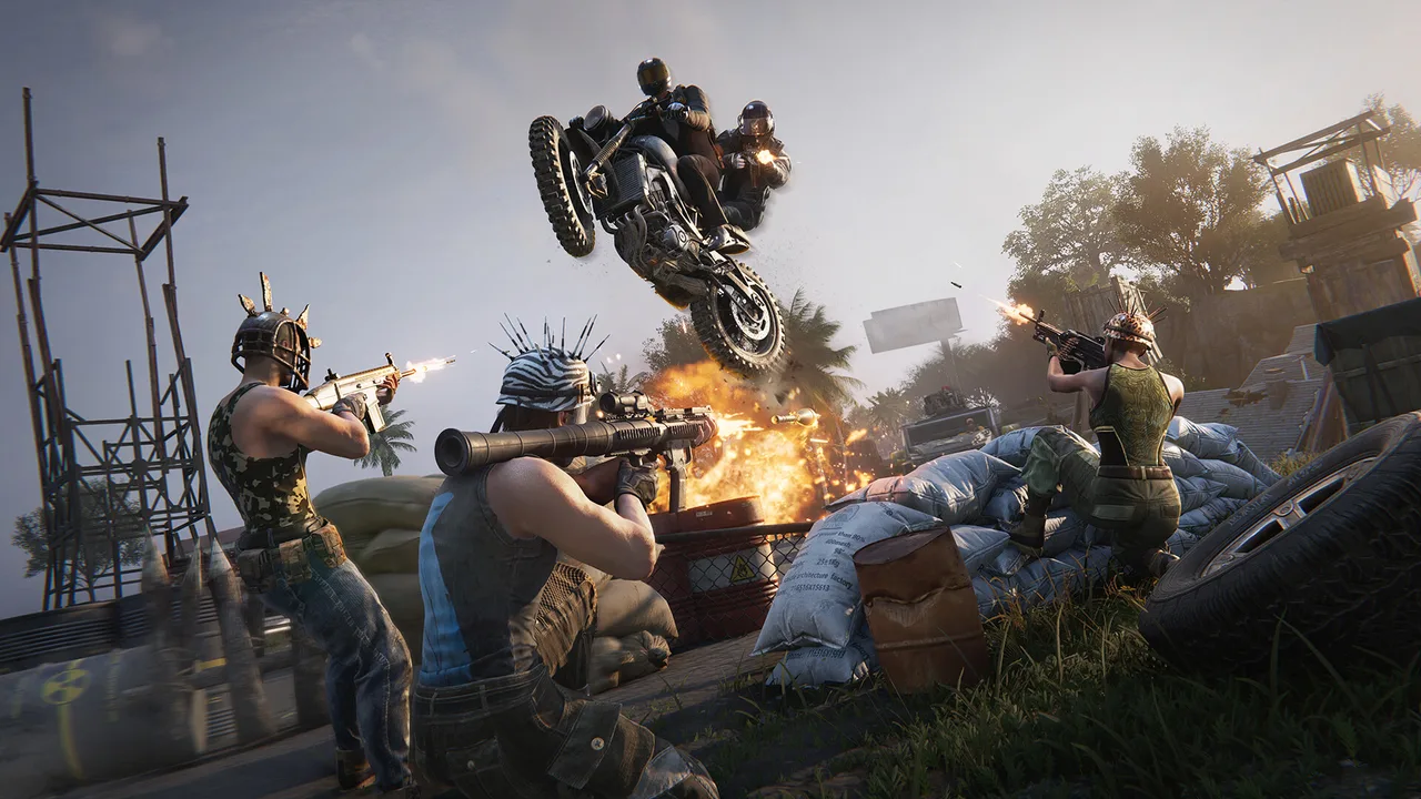 Once Human screenshot of a motorbike with two riders jumping through the air above an explosion while three armed players in improvised helmets fire from behind sandbags