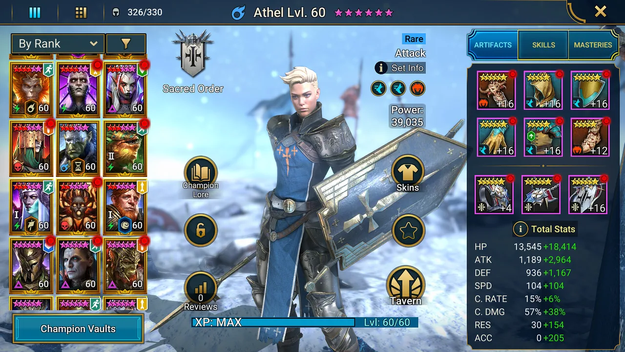 RAID: Shadow Legends champion screen showing Athel, a level 60 blonde warrior with a large blue shield, with his artifact slots and stats on the right and a champion list on the left